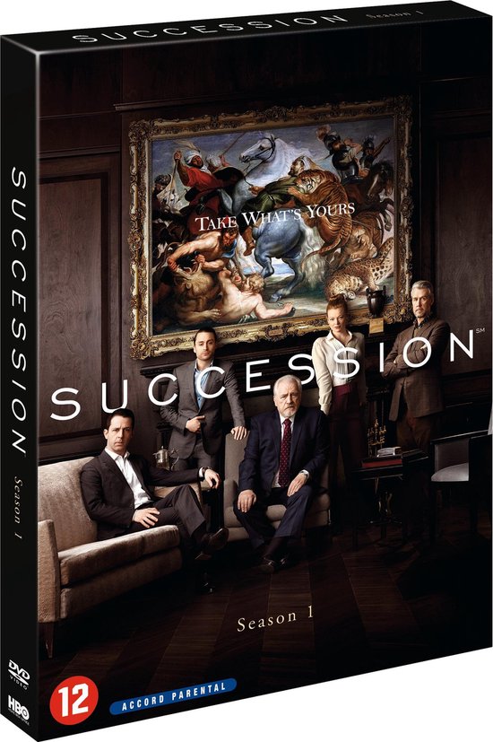 De hoek van de DVD box set van 'Succession Seizoen 1' met 5 personen in een klassieke setting.