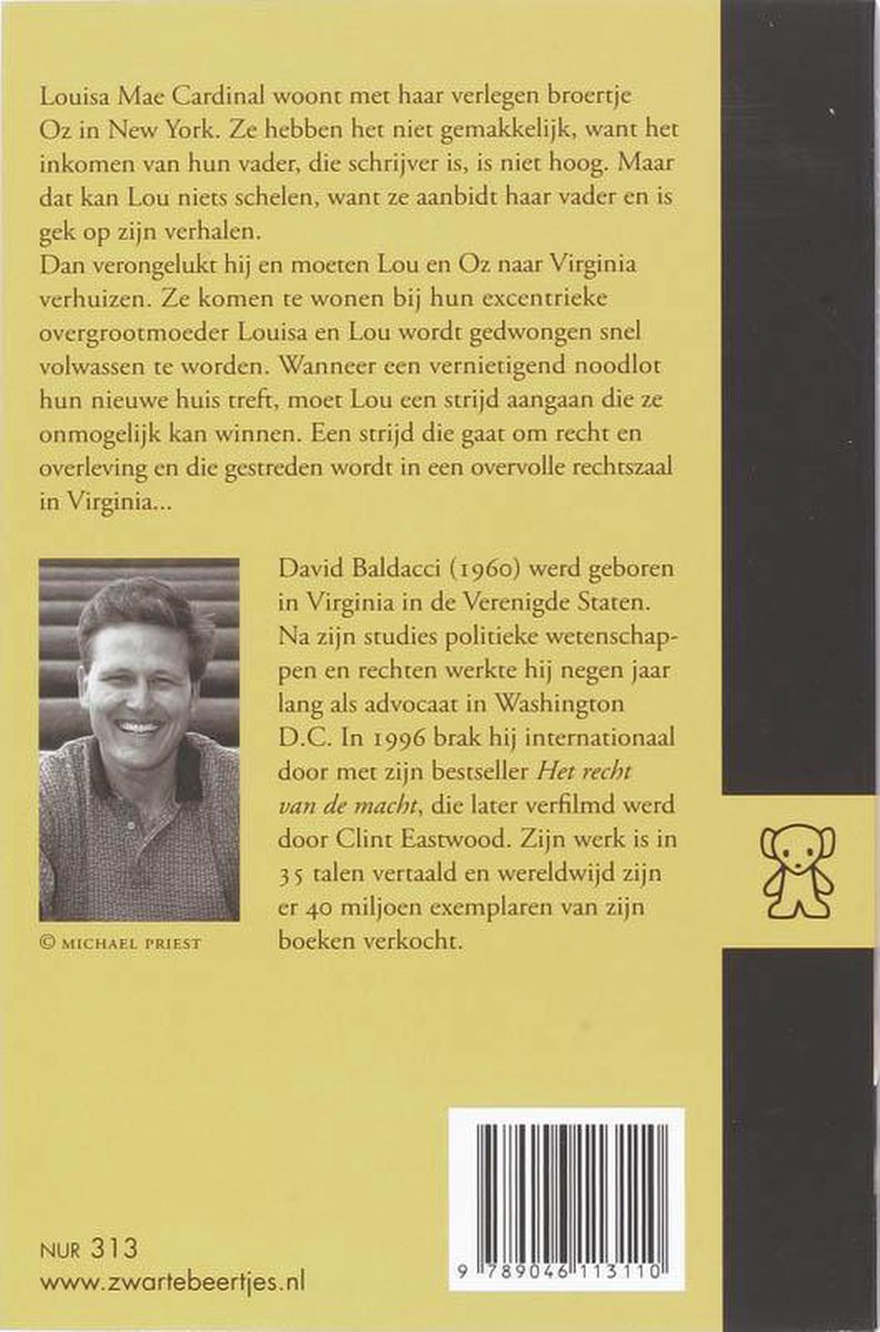 Achterkant boek met foto van David Baldacci en tekst over zijn leven en werk. NUR 313.