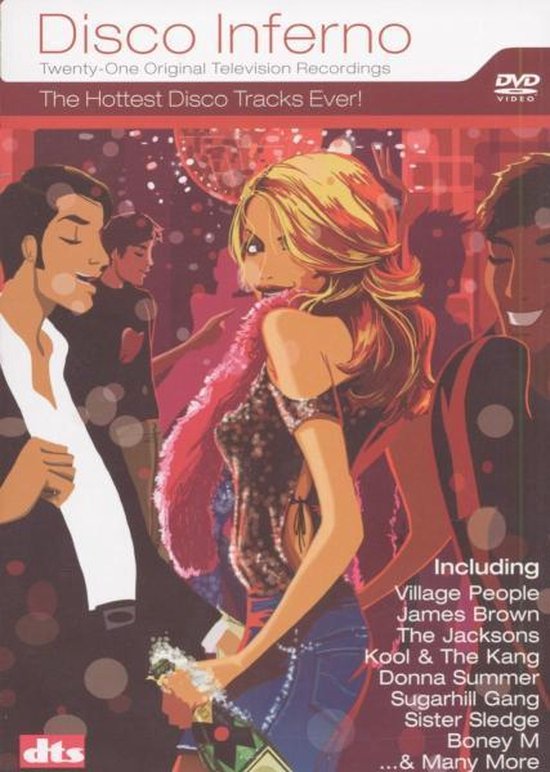 Disco Inferno DVD hoes met vier dansende personen en de tekst "The Hottest Disco Tracks Ever!".