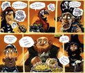 Zes panelen met piraten. Een piraat met een fles, een papegaai met pinda's, een piraat met gouden tanden, een man die gulzig eet.