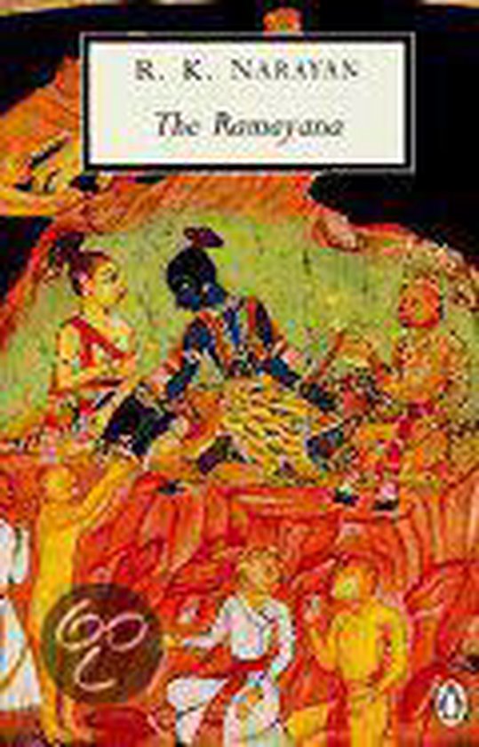 Boekomslag van 'The Ramayana' door R. K. Narayan, met een traditionele Indiase illustratie van goden en figuren in levendige kleuren.