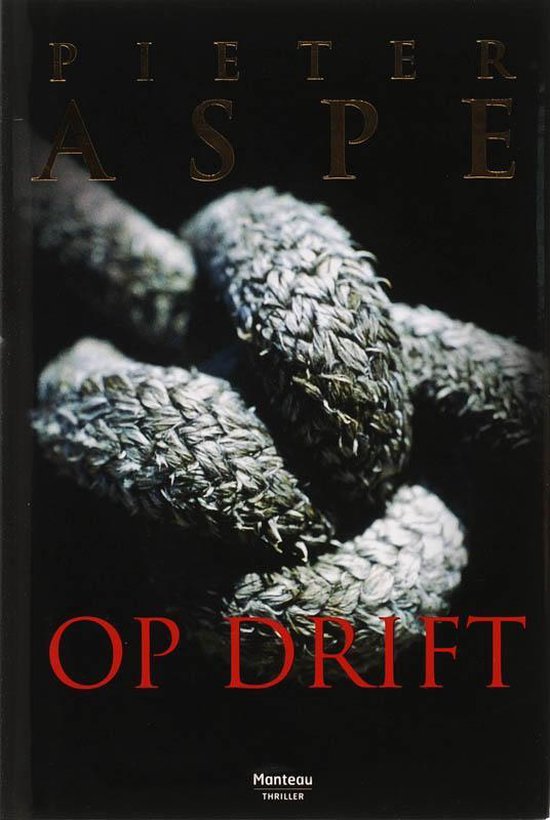 Livre "Op Drift" de Pieter Aspe avec un gros plan de cordes grises torsadées sur fond noir.