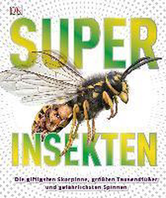 Boek "Superinsekten" met een grote wesp op de voorkant. De tekst "Super Insekten" is in groen en geel.