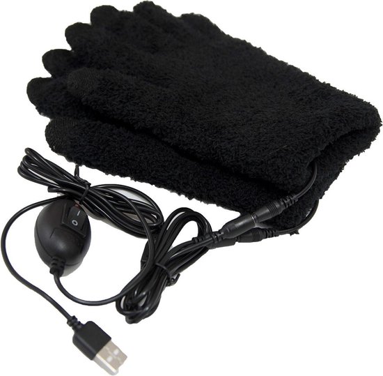 Zwarte, pluizige handschoenen met verwarmingskabels, aan/uit-schakelaar en USB-aansluiting.
