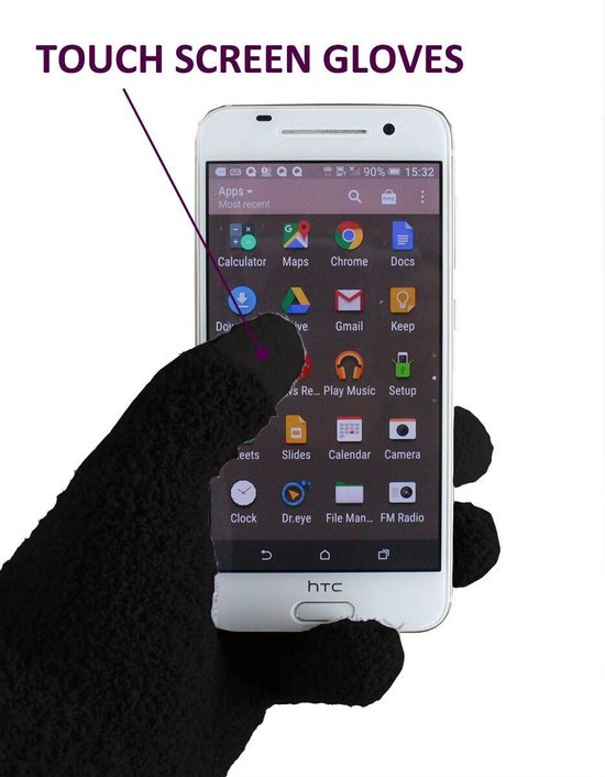 Zwarte handschoen gebruikt om een smartphone aan te raken, met de tekst 'Touch Screen Gloves'.