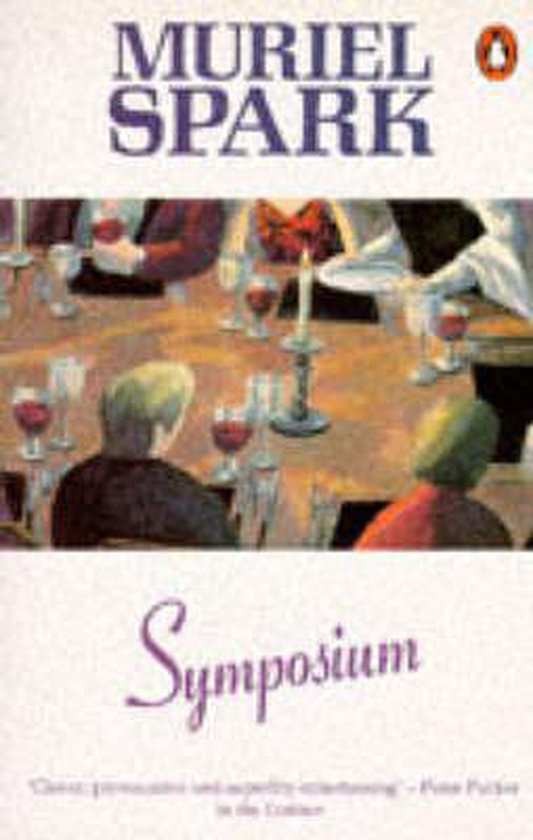 Boekcover van 'Symposium' van Muriel Spark, met een schilderachtige weergave van een diner met gasten aan tafel.