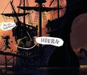 Piraten op een scheepsbrug vieren feest bij zonsondergang. Een kleine piraat en een dikke piraat roepen "HOERA!".