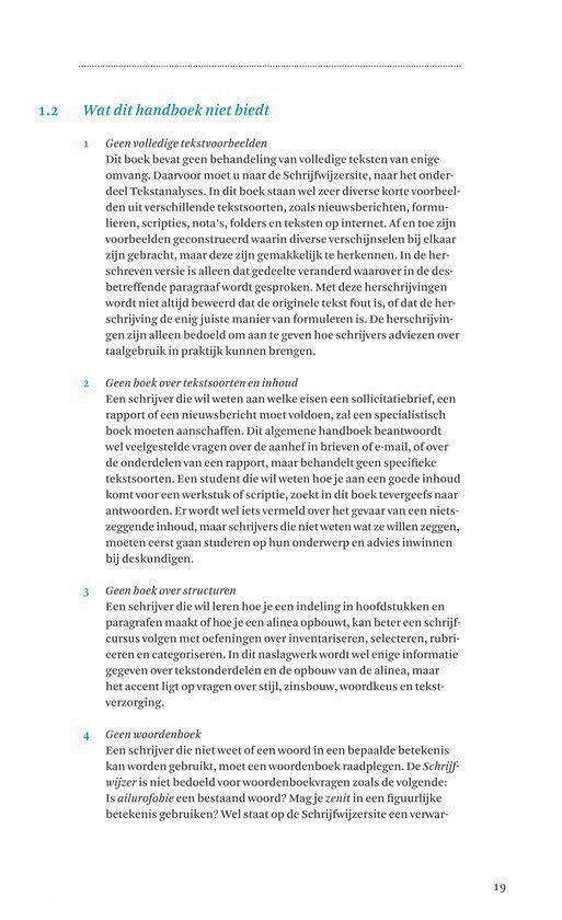 Pagina met inhoudsopgave, inclusief hoofdstukken zoals 'Wat dit handboek niet biedt' en 'Geen boek over tekstoorten en inhoud'.