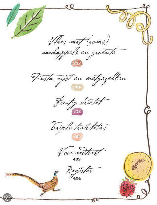 Pagina met receptenlijst, illustraties van groente, vis en fruit.