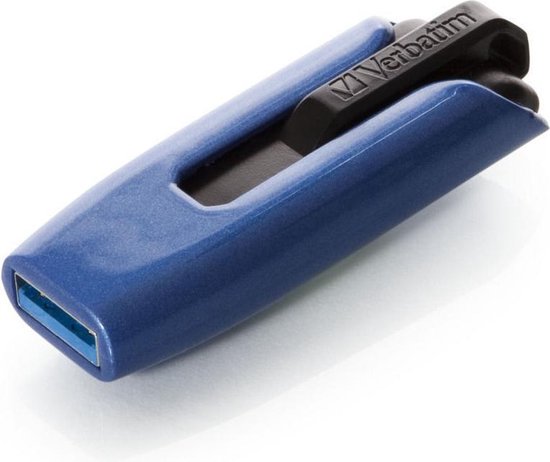 Blauwe Verbatim Store'n'Go V3 MAX USB-stick met zwarte draaibare clip.