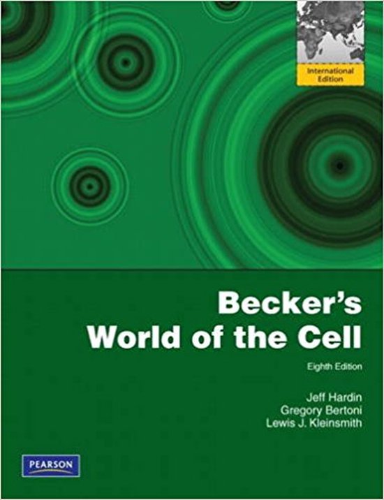 Couverture du livre Becker's World of the Cell, Huitième Édition, avec un fond vert et des motifs circulaires.