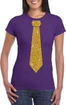 Paars fun t-shirt met stropdas in glitter goud dames 2XL
