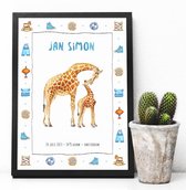 World of Mies Geboorteposter met naam - Gepersonaliseerde print op mooi dik papier - kraamcadeau - Dieren in aquarel - Zebra - Olifant - Giraf - Dolfijn - A4 formaat