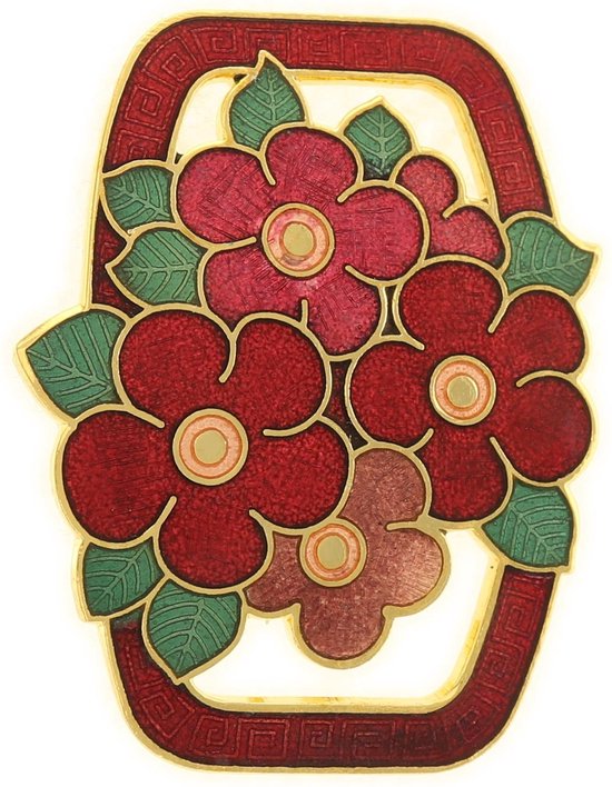 Behave® Dames Broche rechthoek bloemetjes rood - emaille sierspeld -  sjaalspeld  4,3 cm