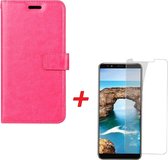 Huawei Y6 2018 Portemonnee hoesje roze Tempered Glas Screen protector