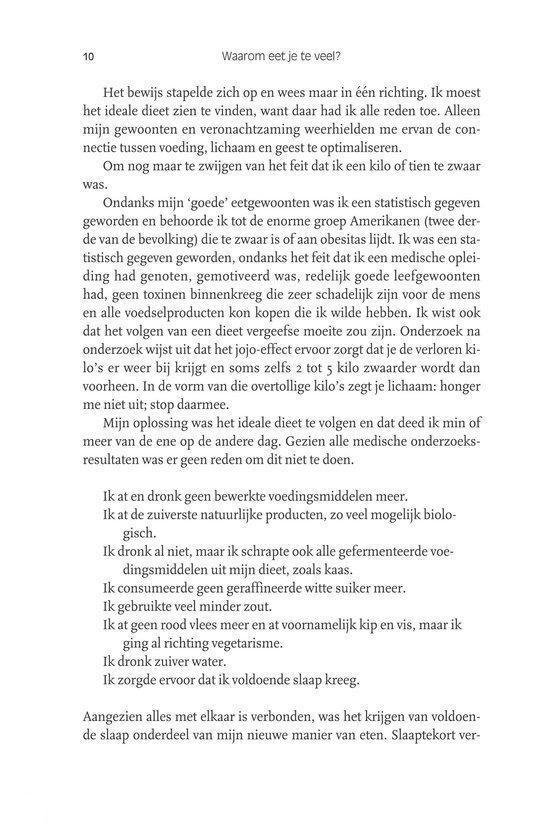 Pagina 10 uit een boek, met de titel 'Waarom eet je te veel?' en tekst over diëten en lichaamsgewicht.