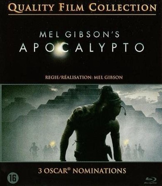 Blu-ray hoes van Mel Gibson's Apocalypto met een man in de voorgrond en piramides op de achtergrond. 3 Oscar nominaties.