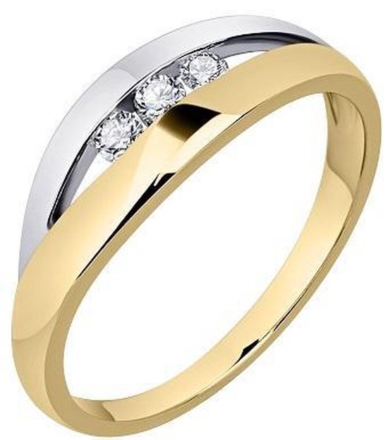Schitterende 14 Karaat Geel Wit Gouden Bicolor Ring met Zirkonia's 18.50 mm. (maat 58) |Aanzoeksring