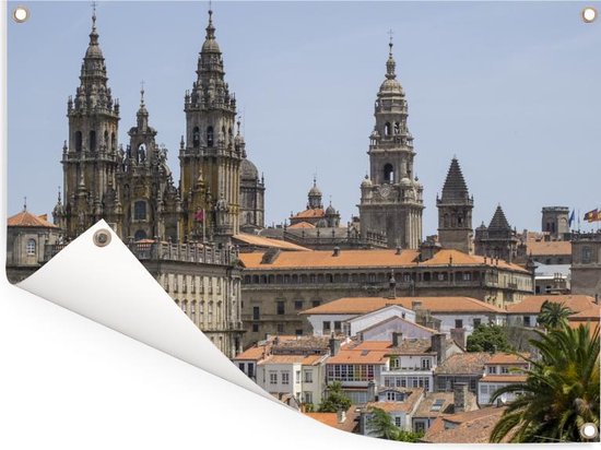 Tuinposter 40x30 cm - Tuindecoratie Cityscape van Santiago de Compostella - Poster voor in de tuin - Buiten decoratie - Schutting tuinschilderij - Tuindoek muurdecoratie - Wanddecoratie balkondoek