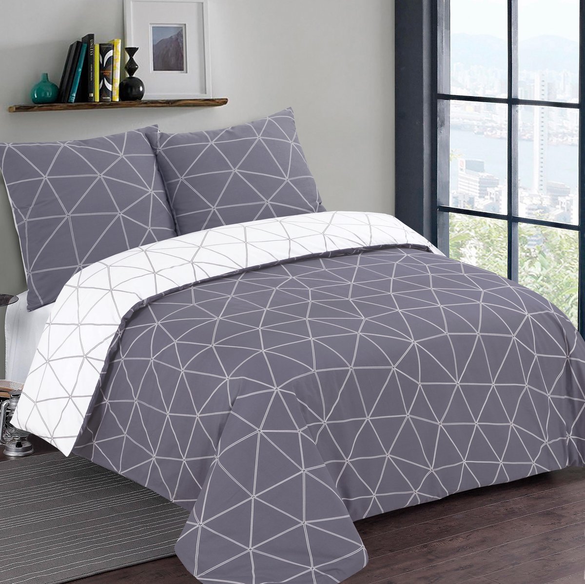 VISION Hugo Flanel - Tweezijdig omkeerbaar Dekbedovertrekset - 100% katoen flanel: warm en zacht - Kingsize - Dekbedovertrek 260 x 240 cm met 2 bijhorende slopen - Grijs / Wit - Oekotex gecertificeerd