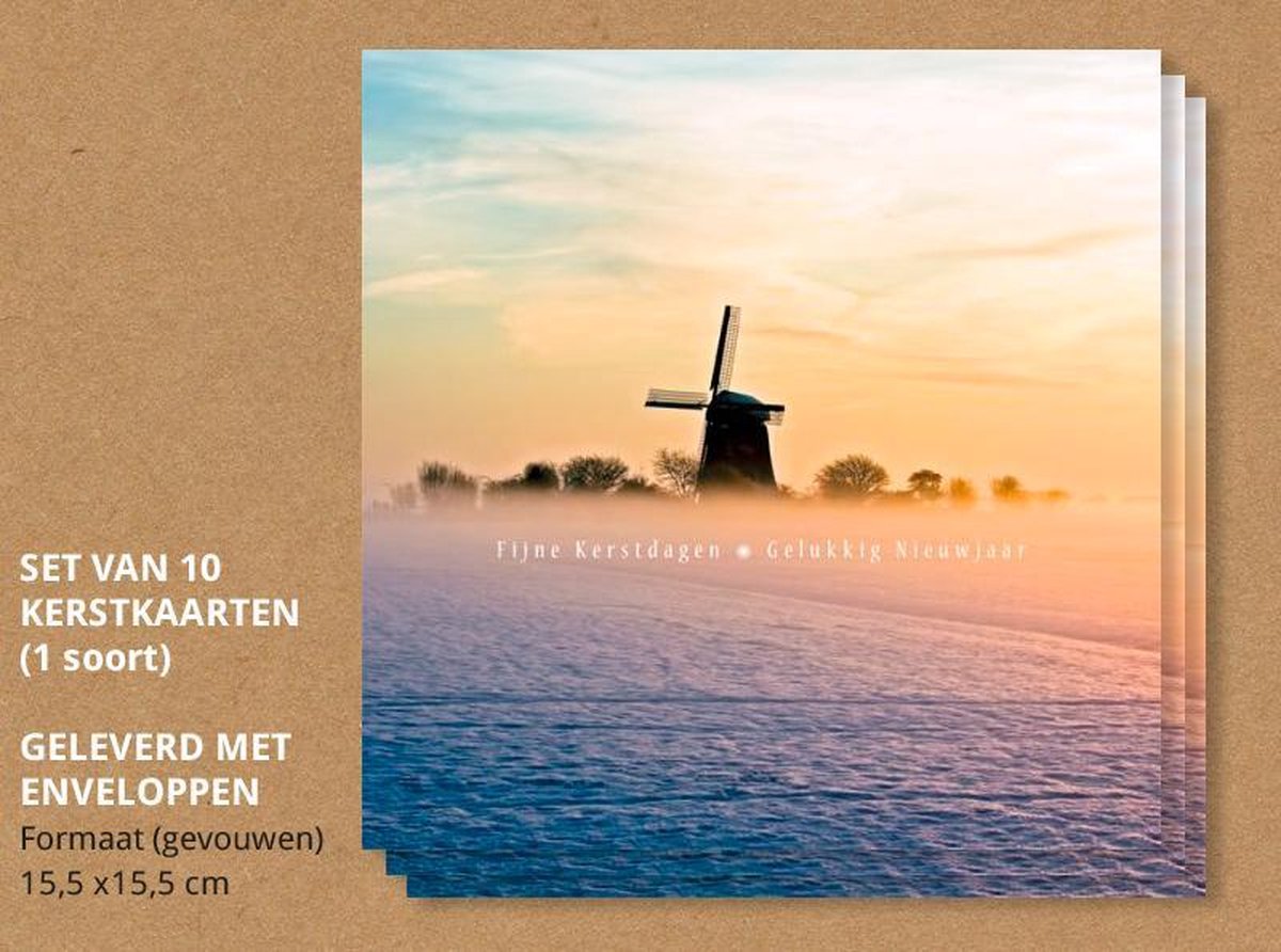 Kerstkaarten met enveloppen, Molen in winterlandschap - 10 stuks