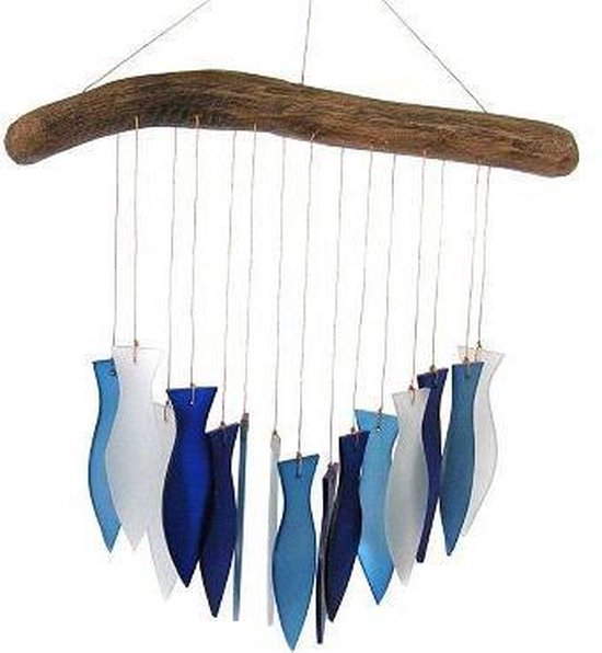 Handgemaakte windgong van driftwood en gekleurd glas wit/blauw vis | bol.com