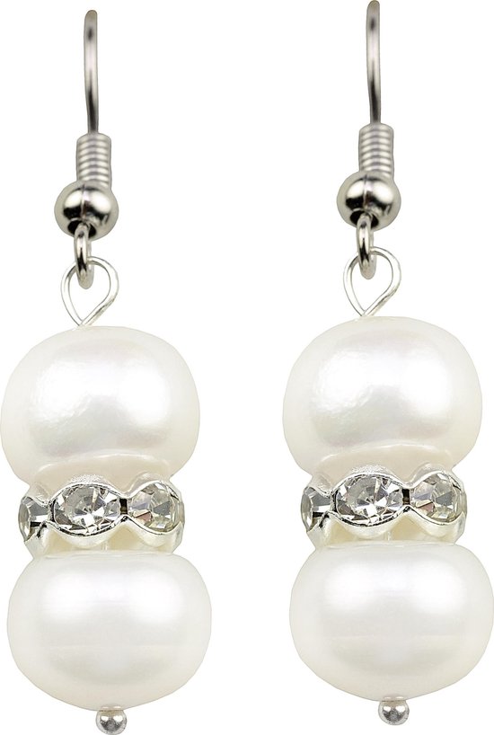 Zoetwater parel oorbellen Bling Pearl - oorhangers - echte parels - sterling zilver (925) - wit - stras steentjes