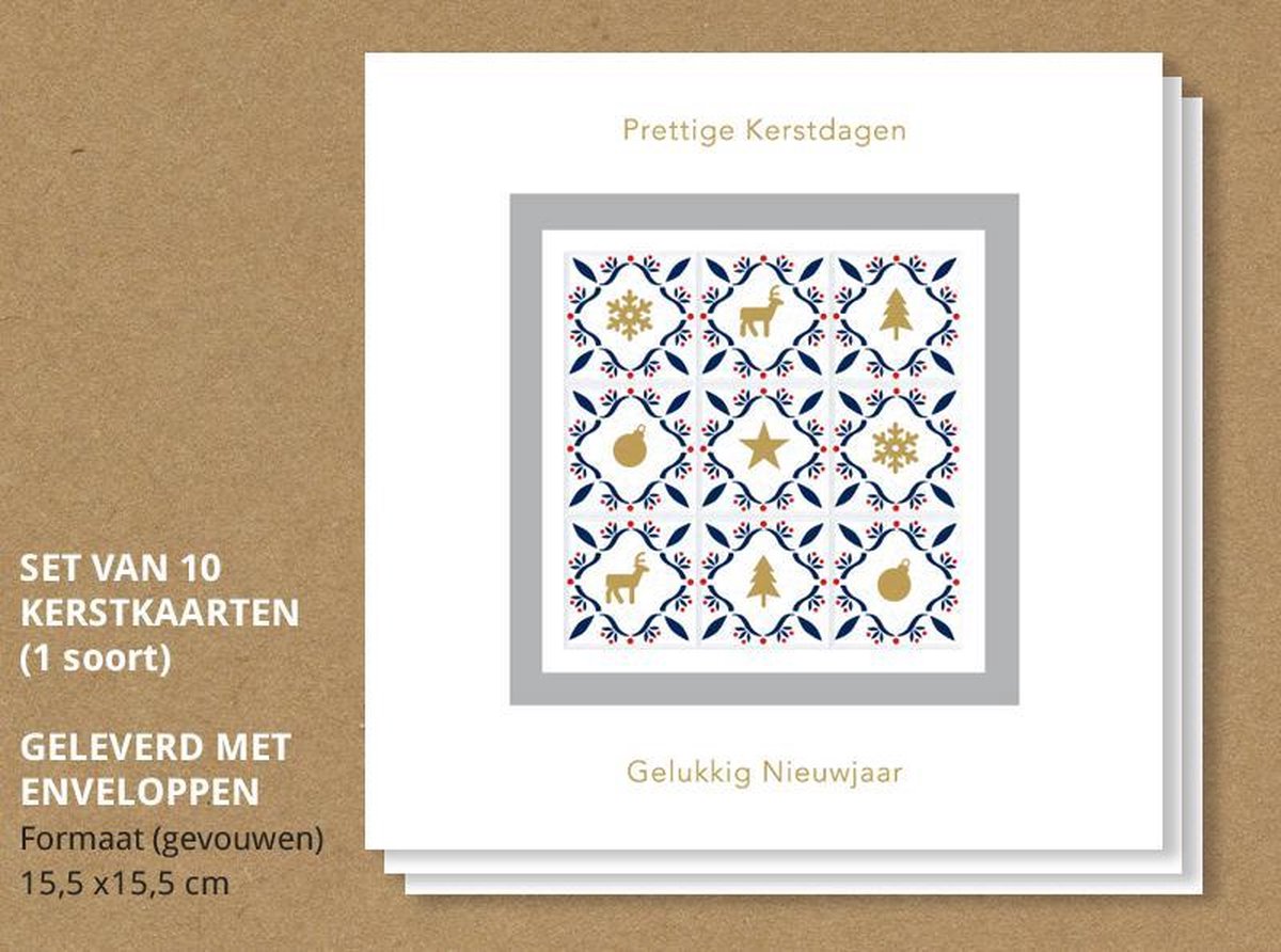Luxe kerstkaarten met enveloppen, Gouden illustraties - 10 stuks