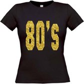 The 80's t-shirt glitter goud maat L Dames zwart