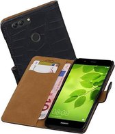 Croco Bookstyle Wallet Case Hoesjes voor Huawei Nova 2 Plus Zwart
