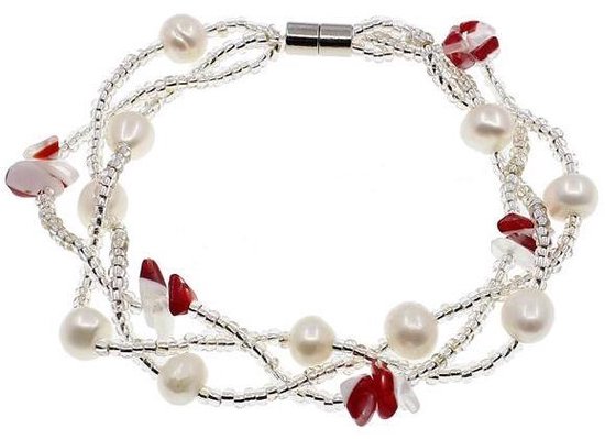 Zoetwaterparel en edelstenen armband Twine Pearl Red Agate - echte parels - wit - rood - zilver - magneetslot