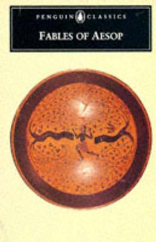 Boek met de titel "Fables of Aesop" in Penguin Classics editie, met op de voorkant een antieke schaal met een dansende figuur.