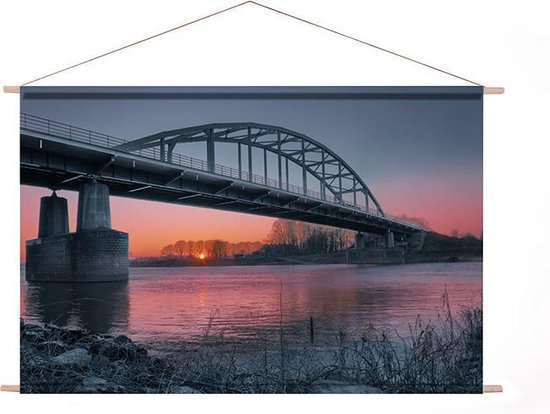 Textielposter foto (lxb) Landschap met brug ondergaande zon