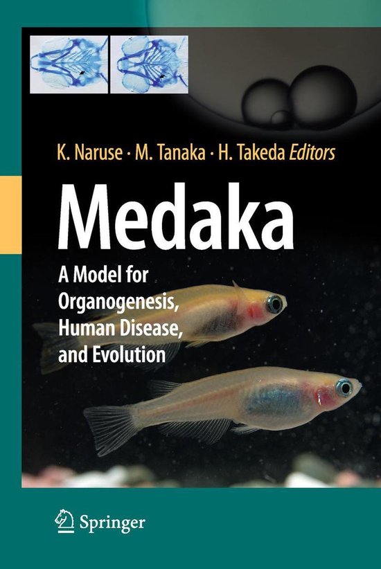 Boekcover met de titel "Medaka" en twee vissen, met "K. Naruse M. Tanaka H. Takeda Editors" en "Springer".