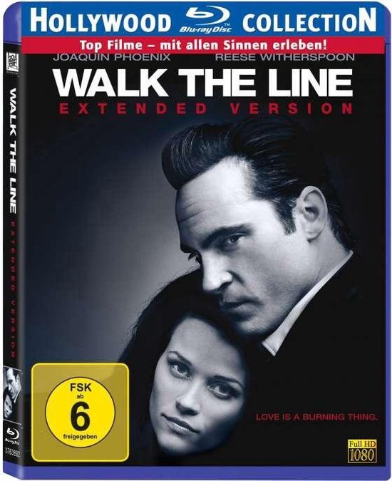 De voorkant van de Blu-ray hoes van "Walk the Line", met Joaquin Phoenix en Reese Witherspoon.