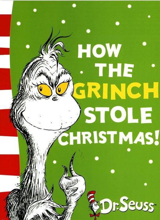 De Grinch kijkt naar de kijker met gele ogen, tekst 'HOW THE GRINCH STOLE CHRISTMAS!' en Dr. Seuss logo.