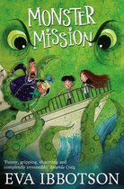 Boekomslag van 'Monster Missie' met grote groene monsterogen en tentakels die een boot met kinderen en een meneer vastpakken. De titel staat bovenaan.