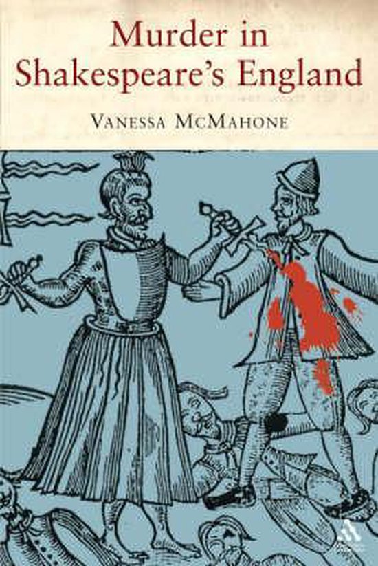 Livre 'Murder in Shakespeare's England' avec une illustration de deux hommes qui se battent, l'un tenant un couteau, l'autre saignant.