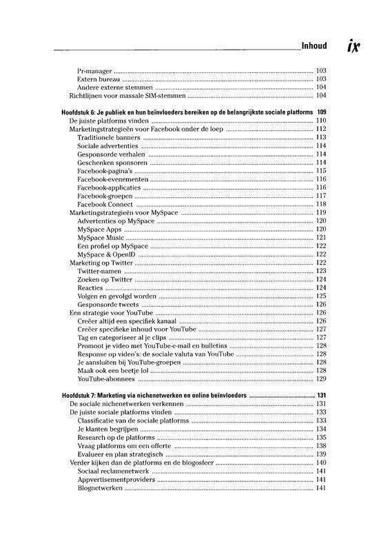 Hoofdstuktitels en paginanummers voor Social Media Marketing
