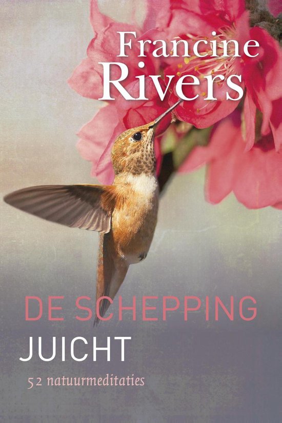 Boekomslag met de titel 'DE SCHEPPING JUICHT'. Een kolibrie vliegt naar een roze bloem.