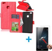 Huawei P9 Portemonnee hoes rood met Tempered Glas Screen protector
