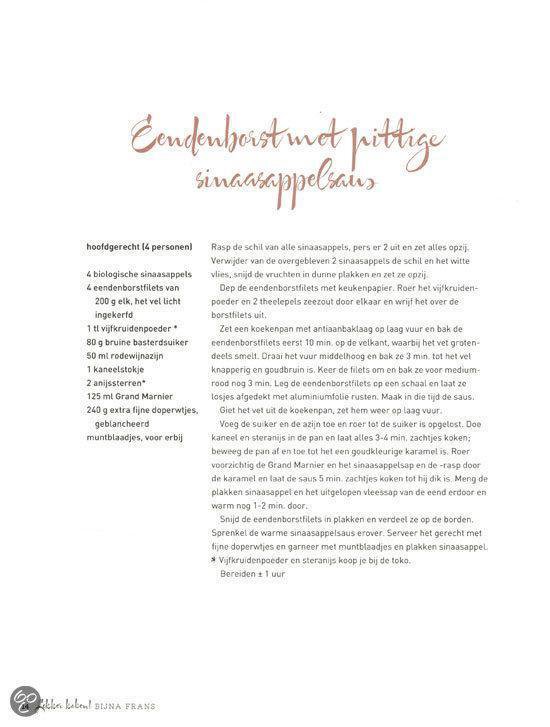 Recept voor eendenborst met sinaasappelsaus, met ingredienten op de pagina.