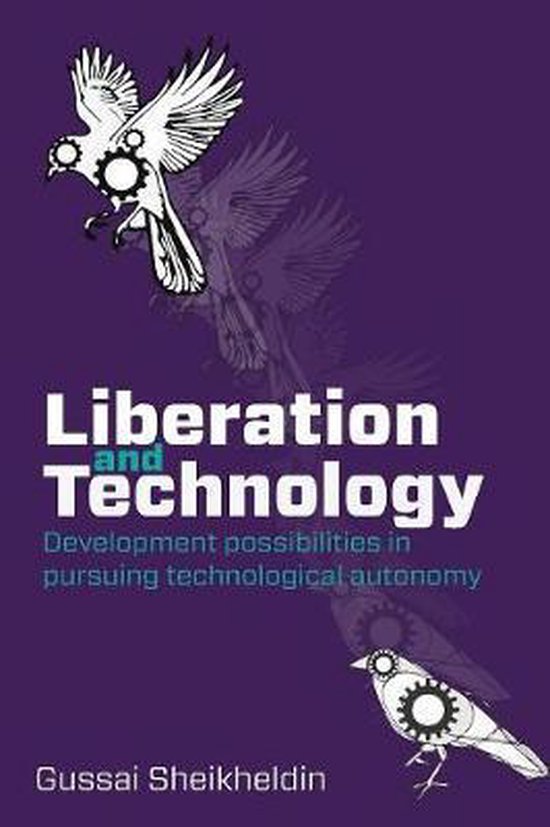 Couverture de livre violette avec des oiseaux blancs et des engrenages ; titre : Liberation and Technology.