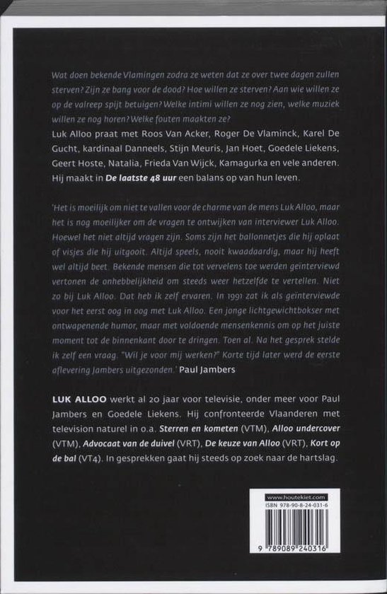 Achterkant van het boek 'De Laatste 48 Uur Luk Alloo' met de tekst van het boek en ISBN.