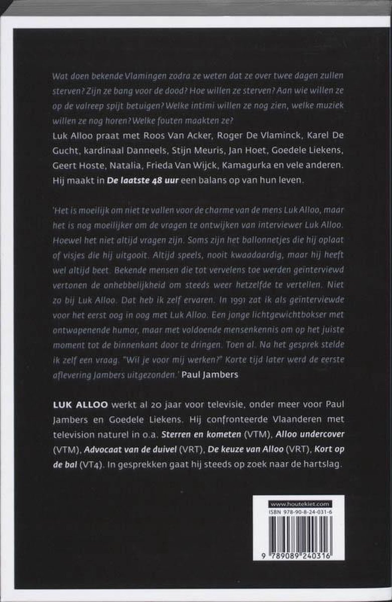 Achterkant van het boek 'De Laatste 48 Uur Luk Alloo' met de tekst van het boek en ISBN.