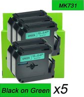 Pack 5 MK731 M-K731 Ruban d'étiquettes noir sur vert Compatible pour étiqueteuse Brother P-Touch