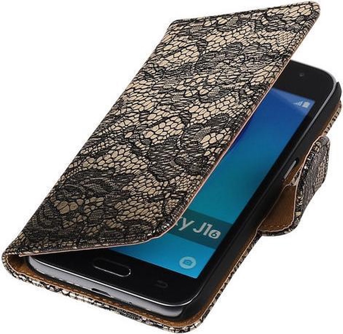 Zwart Lace booktype cover hoesje voor Samsung Galaxy J1 Nxt / J1 Mini