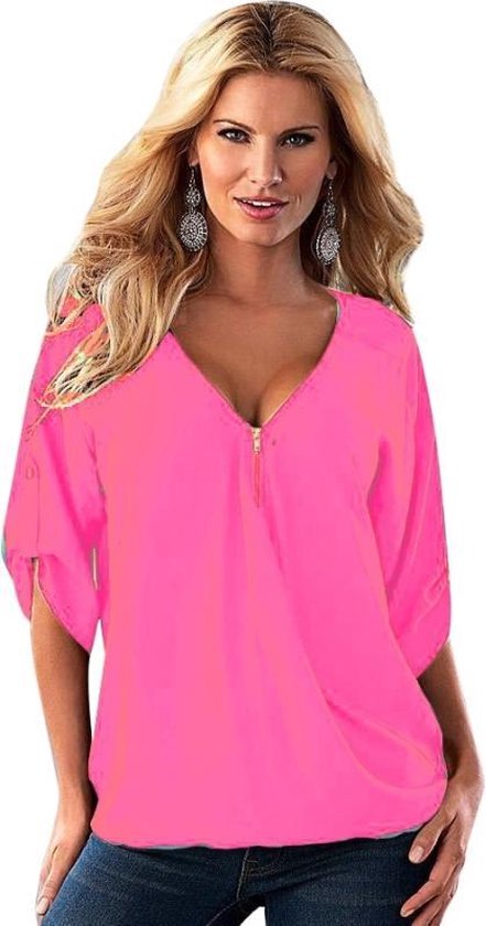 vlam Knooppunt Indirect Vrouwelijke zomer Fashion Sexy V-hals los bovenste T-shirt Blouse grootte:  M(Pink) | bol.com