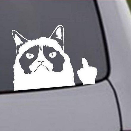 Kat autosticker - Grumpy Cat auto sticker middel vinger