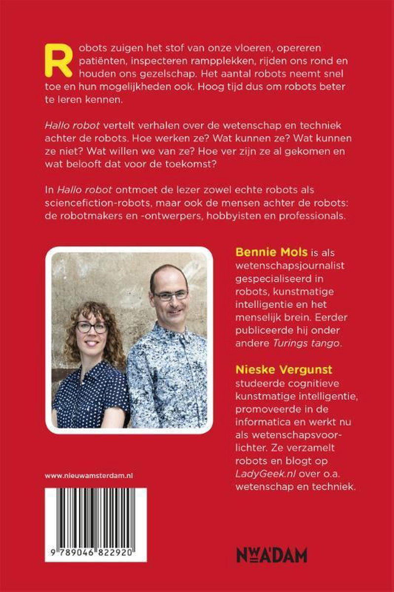Achterkant boek "Hallo Robot". Foto van schrijvers Bennie Mols en Nieske Vergunst. ISBN 9789046822920.